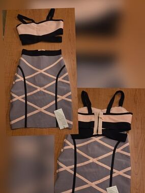 House of CB Gray and Pink Bandage Pencil Skirt Set with Black Trim
